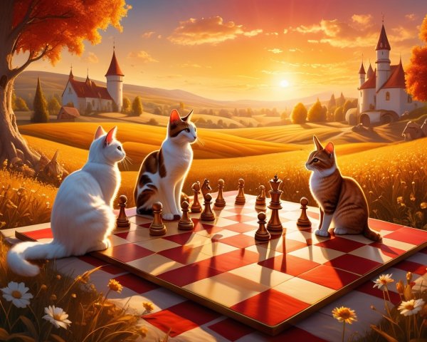 Cats Playing Chess in a Scenic Sunset Landscape