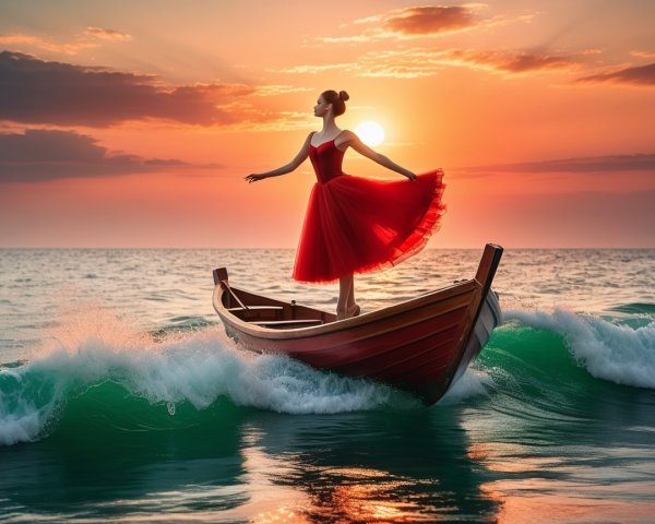 Dancer in Red Dress on Boat at Sunset Over Ocean