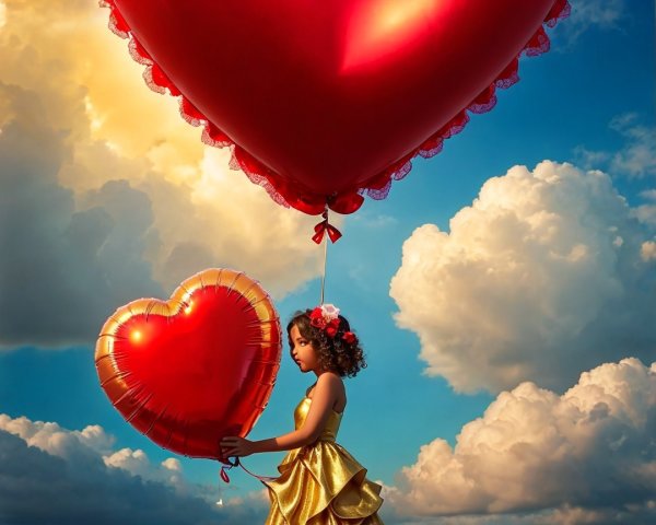 Young girl in gold dress with heart-shaped balloon