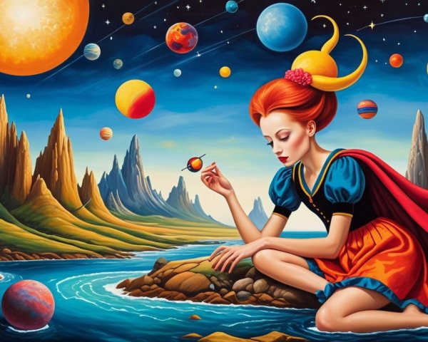 Surreal Scene of a Girl with a Tiny Planet on Shore