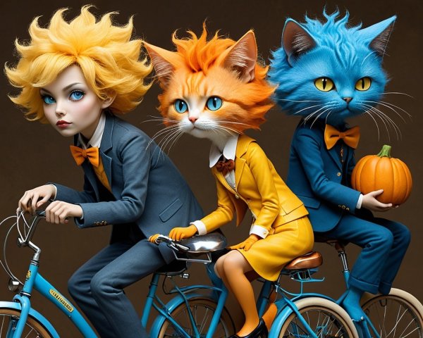 Whimsical Scene of Cats and Girl Riding Bicycles