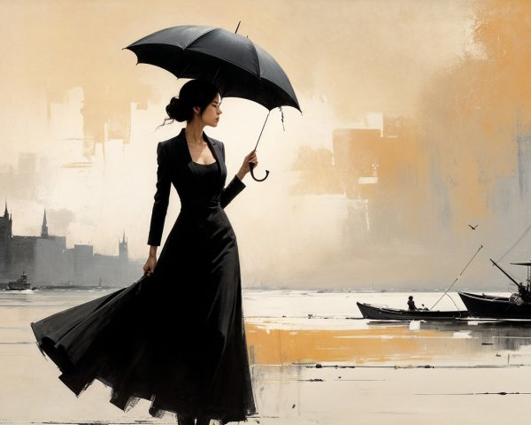 Elegant Woman in Black Dress by Serene Water Scene