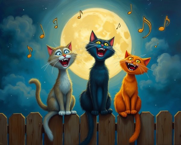 Vibrant Cartoon Cats Singing Under Full Moon