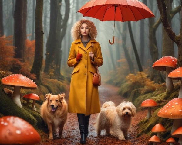 Woman with umbrella in misty forest with dogs and mushrooms