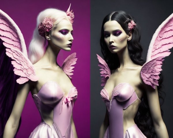 Ethereal Angelic Figures with Striking Wings and Dresses