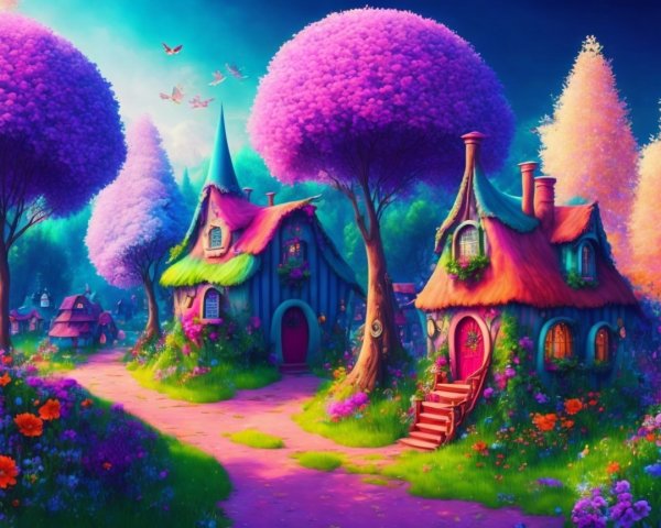 Whimsical Village Scene with Colorful Houses and Gardens