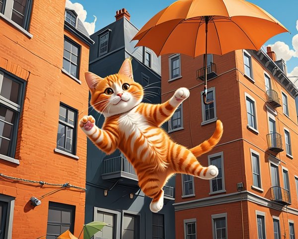 Orange and White Cat with Umbrella in Urban Scene