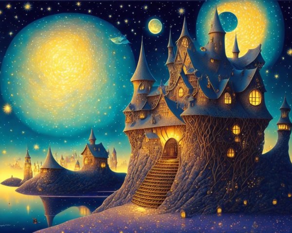 Whimsical Castle by Lake Under Starlit Sky