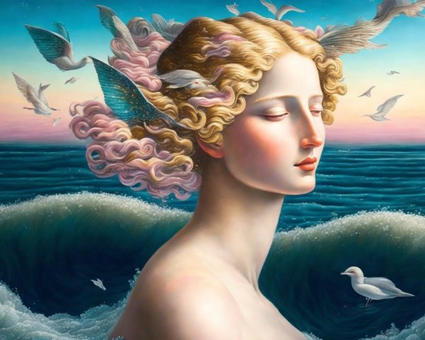 Serene Woman with Fish Fins and Ocean Background