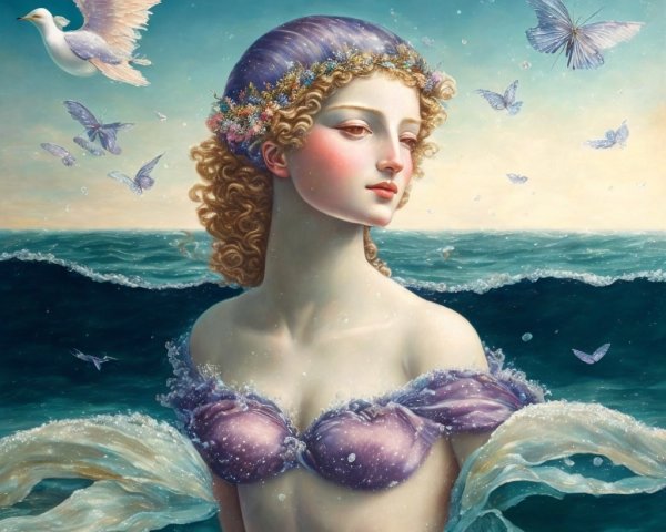 Serene Figure with Floral Crown Amidst Ocean Waves