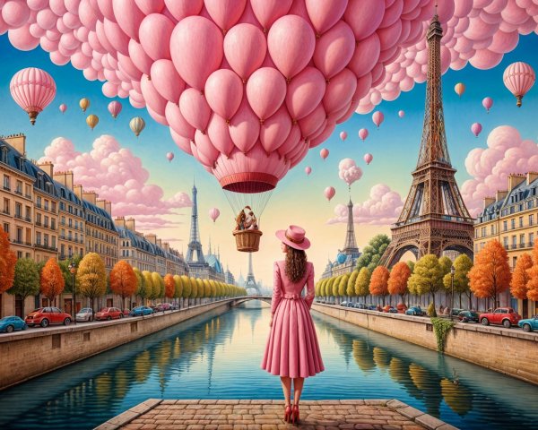 Whimsical Paris Scene with Woman and Balloons