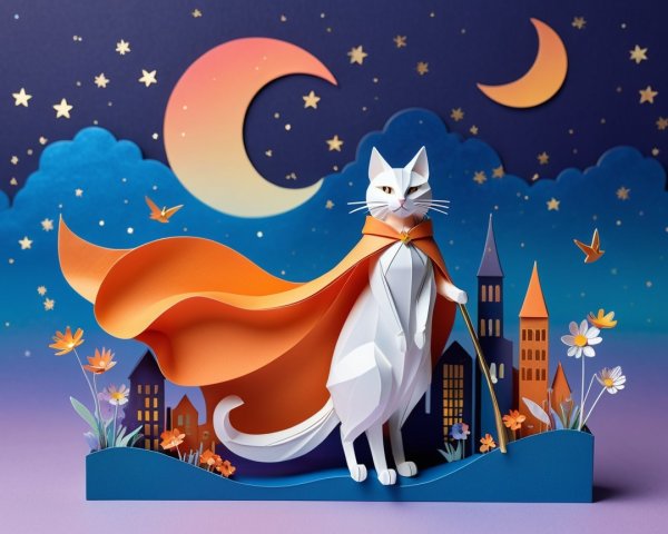White Cat in Orange Cape Against Paper Landscape
