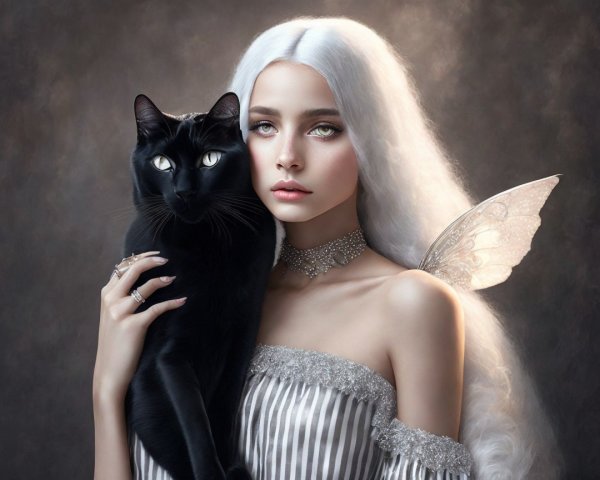 Portrait of a young woman with white hair and wings
