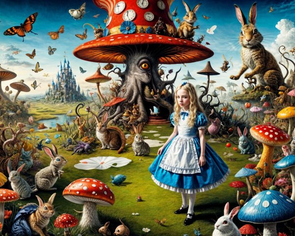 Young Girl in Whimsical Landscape with Enchanted Creatures