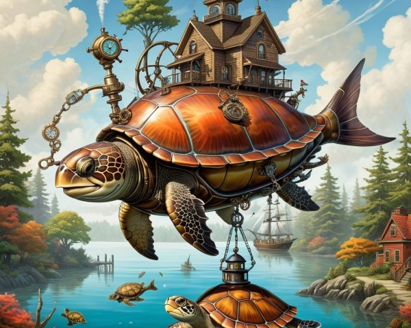 Giant Steampunk Turtle Carrying House in the Sky