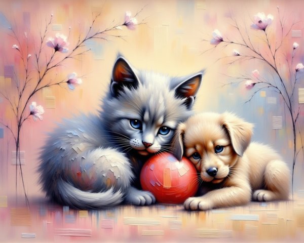 Gray Kitten and Brown Puppy with Red Ball Painting