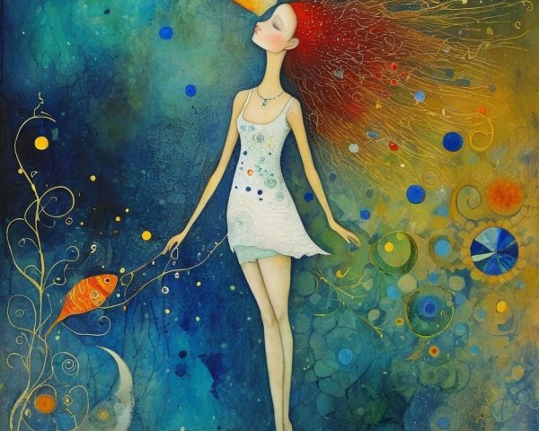 Whimsical Painting of a Girl with Flowing Red Hair