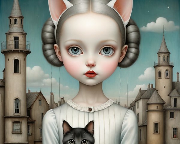 Whimsical Girl with Cat Ears and Black Cat in Fantasy Setting
