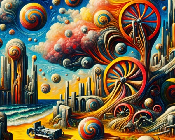 Surreal Landscape with Colorful Elements and Vintage Car