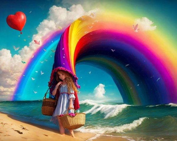 Young girl with baskets on a beach under a rainbow