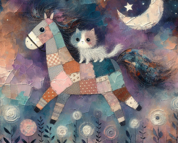Whimsical Patchwork Horse and Cat Under Night Sky
