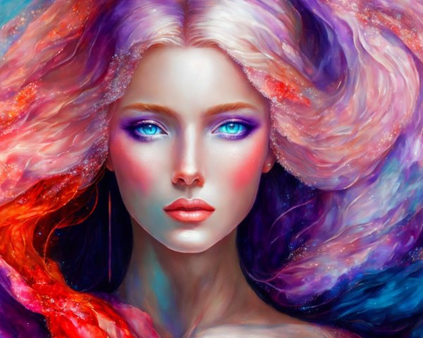 Portrait of a woman with vibrant hair and blue eyes