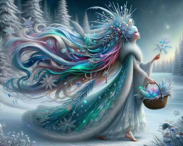 Winter Fairy in Snowy Forest with Colorful Eggs