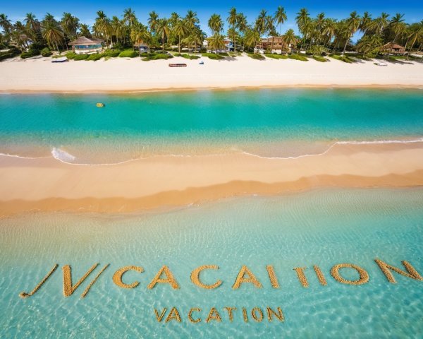 Aerial View of Beach with "VACATION" in Sand