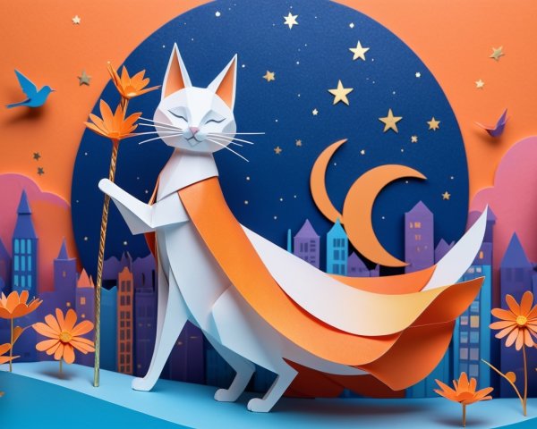 Whimsical Paper Art Scene with Cat and Night Sky