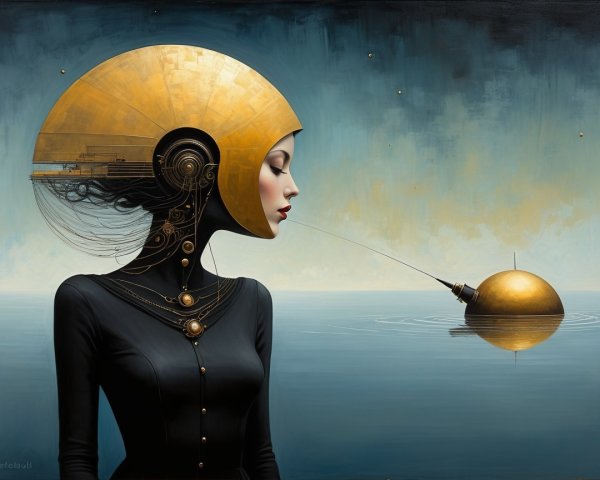 Futuristic Woman with Golden Headpiece and Water Scene