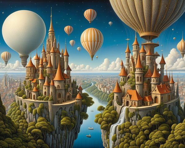 Whimsical Landscape with Castles and Hot Air Balloons