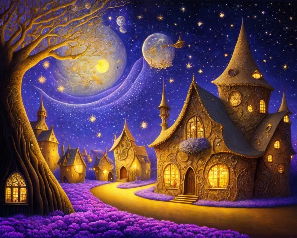 Whimsical Landscape with Twisted Houses and Stars