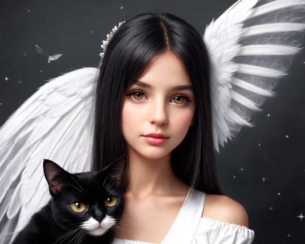 Young Woman with Angel Wings and Black Cat in Stars