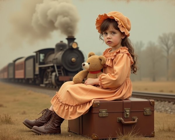 Young girl with teddy bear by railway tracks