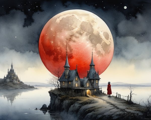 Solitary figure in red cloak under a large red moon