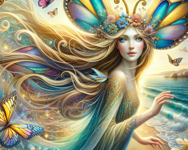 Mystical figure with butterfly wings by serene shoreline