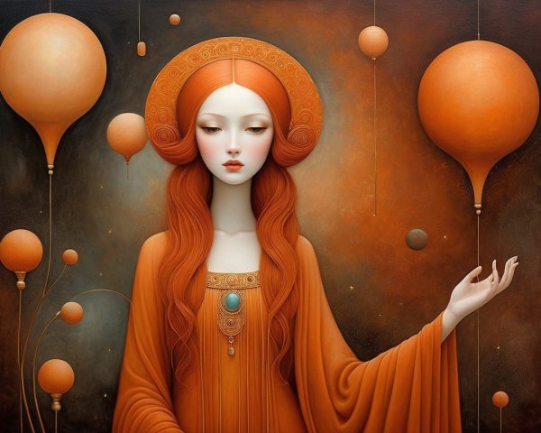 Serene figure with red hair in orange robe and shapes