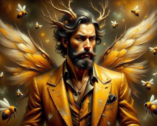 Portrait of a man with flowing hair and antler branches