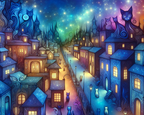 Whimsical Nighttime Scene of a Surreal Town