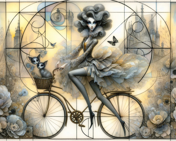Whimsical Scene of Woman on Vintage Bicycle with Cats