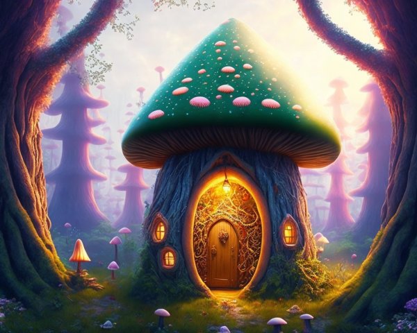 Whimsical Mushroom House in Enchanting Forest Setting