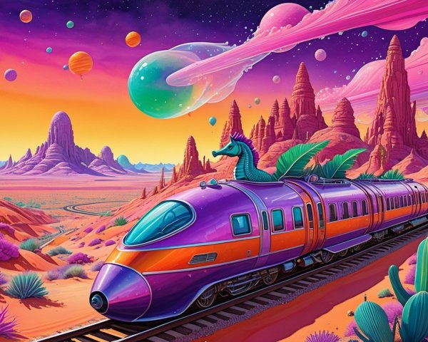 Surreal Landscape with Futuristic Train and Dinosaurs