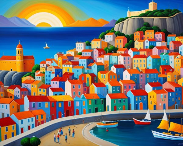 Vibrant Coastal Village at Sunset with Scenic Beach