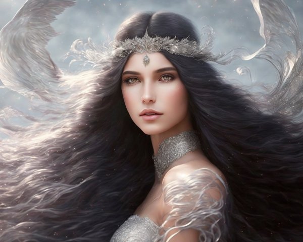 Mystical Woman in Shimmering Silver Outfit and Crown