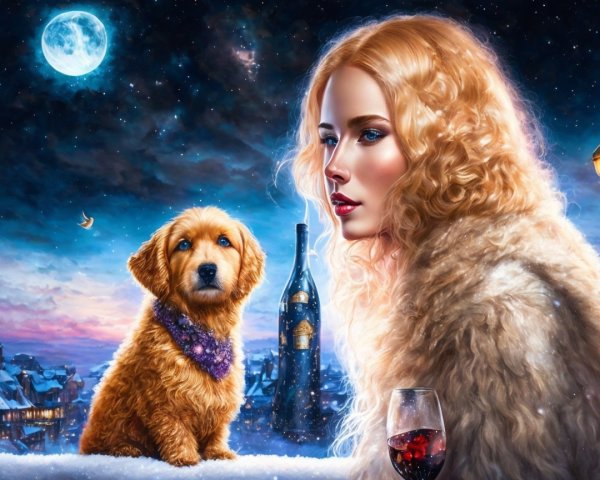 Young Woman in Fur Coat with Puppy in Winter Scene