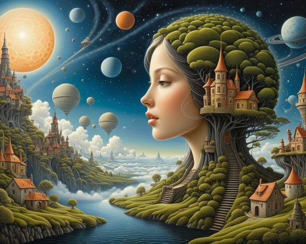 Surreal landscape of woman and tree with whimsical homes