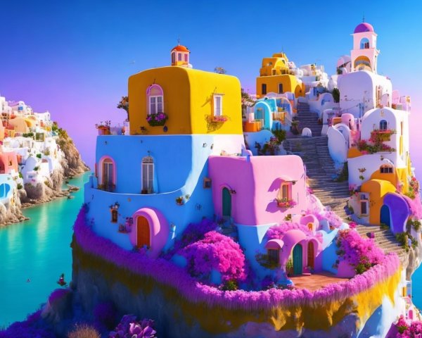 Colorful Cliffside Buildings Overlooking Turquoise Sea