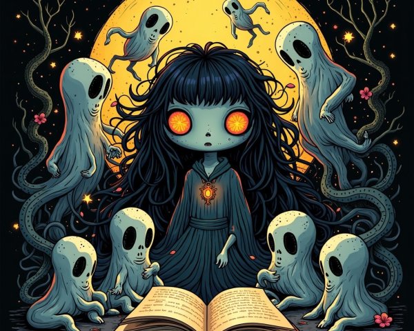 Whimsical Dark Fantasy Scene with Glowing Eyes and Ghosts