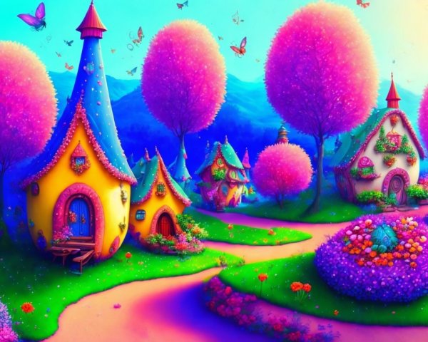 Whimsical Landscape with Colorful Cottages and Trees