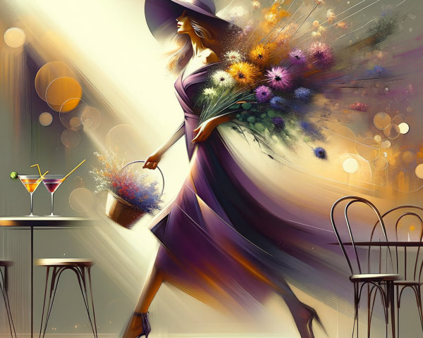 Elegant Woman in Purple Gown with Flowers and Cocktails